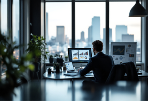 Investor analyzing financial charts on multiple screens in a modern office with a city skyline, representing AI-powered macro investment strategies.